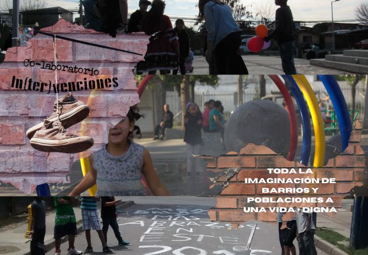 infancias y educadores en tres escenas diferentes, llevan sobre ellos el logo del colaboratorio y su principal frase